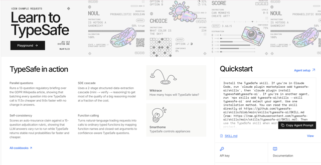 TypeSafe console with the JEV playground, example score, choice and noul requests, and the quickstart with an API key