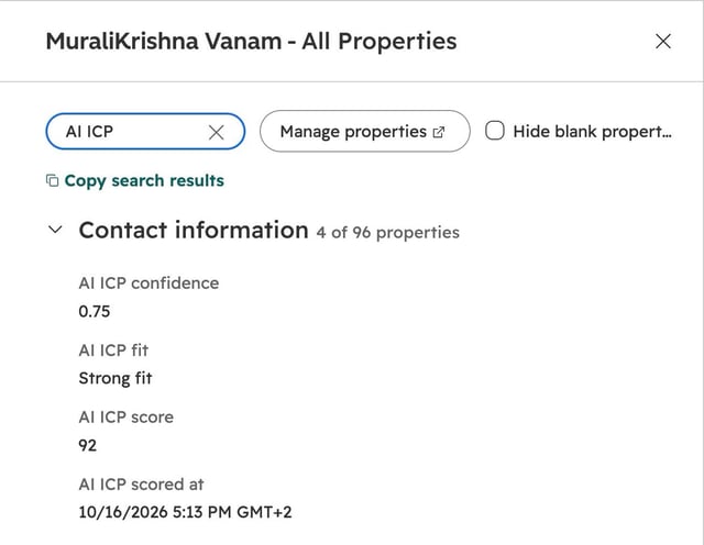 HubSpot contact with AI ICP fit Strong fit, AI ICP score 92, AI ICP confidence 0.75 and AI ICP scored at