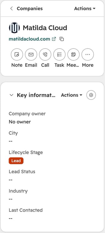 HubSpot company Matilda Cloud with an empty Industry field