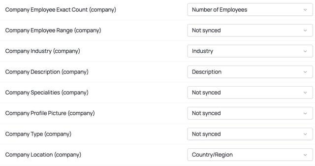 Evaboot HubSpot field mapping with Company Employee Exact Count, Industry, Description and Location mapped to HubSpot company properties