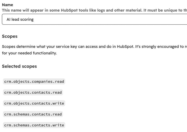 HubSpot service key AI lead scoring with five scopes: companies read, contacts read and write, contact schemas read and write