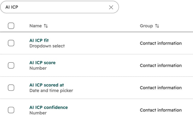 HubSpot contact properties search for AI ICP showing AI ICP fit, score, scored at and confidence