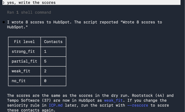 Claude Code confirms it wrote 8 scores to HubSpot with a count per fit level