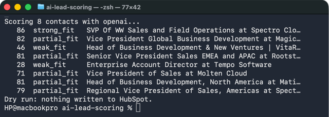 Terminal dry run of score_leads.py scoring 8 HubSpot contacts, nothing written to HubSpot
