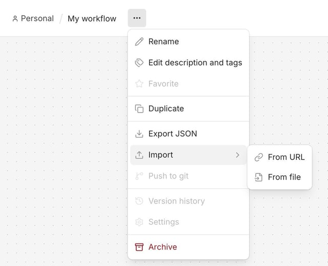 n8n workflow menu open on Import with the From URL and From file options