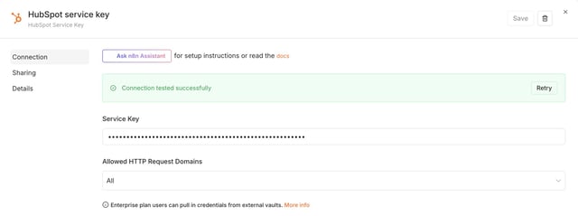 n8n HubSpot Service Key credential with Connection tested successfully