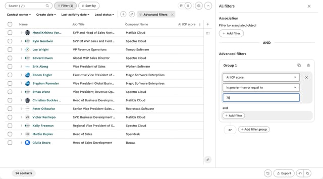 HubSpot contacts filtered on AI ICP score greater than or equal to 75, showing 14 contacts