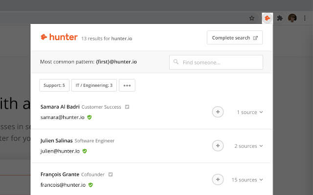 Hunter.io email verifier interface showing a single address verification result with deliverability status
