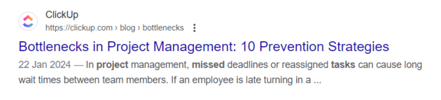 Google search result for ClickUp blog article titled 'Bottlenecks in Project Management: 10 Prevention Strategies