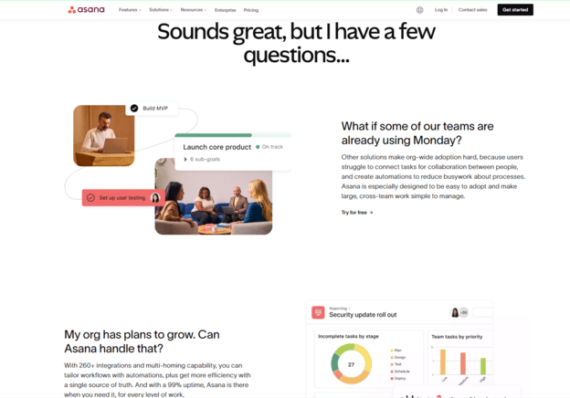 Asana webpage addressing common questions, showcasing task management examples like launching a core product and user testing, and discussing integration with other tools like Monday.