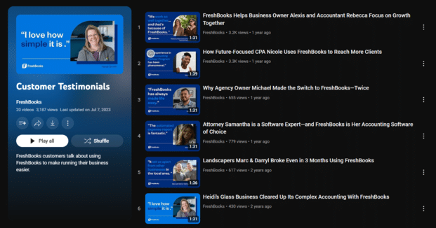 YouTube playlist of FreshBooks customer testimonial videos, featuring various business owners and professionals sharing their experiences with the software.