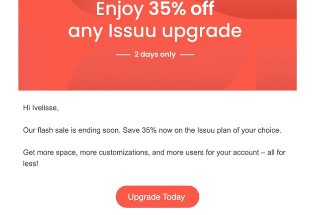 Issuu promotional email offering 35% off any upgrade for two days with a call to action to 'Upgrade Today.