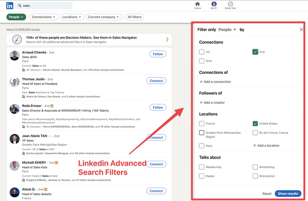 LinkedIn advanced search page showing results for 'sales' with filters for connections, locations, and topics.