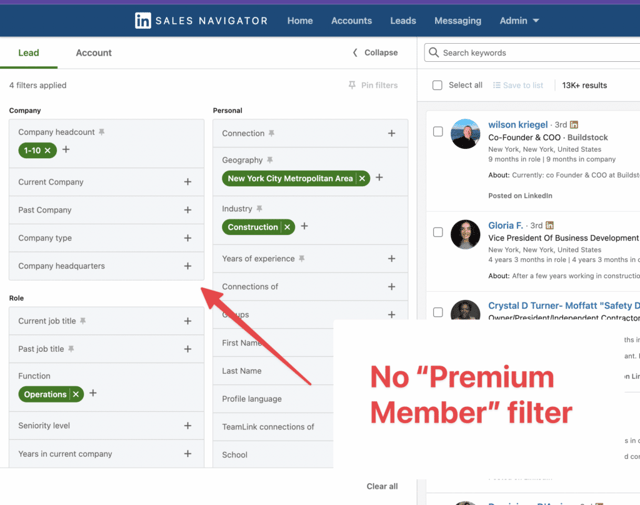 no premium member filter on sales navigator