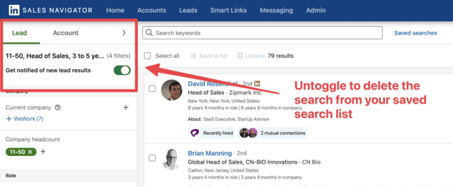 delete saved search sales navigator