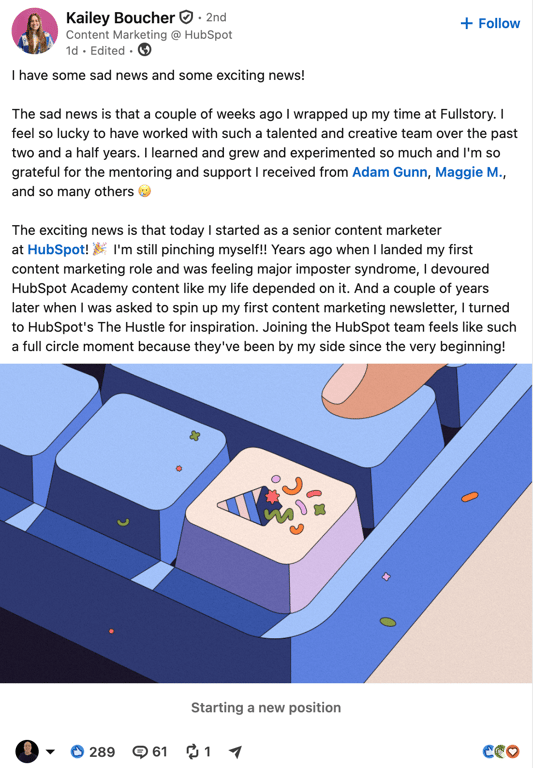 A LinkedIn post announcing a move to a new senior content marketing role at HubSpot, with 289 reactions and 61 comments — the kind of recent activity worth engaging with before sending a connection request