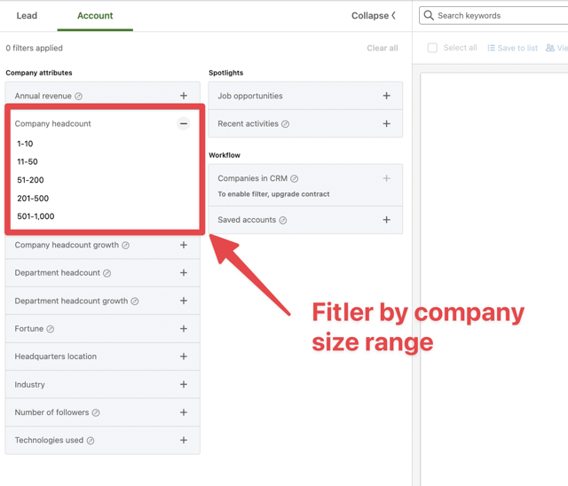company size filter sales navigator