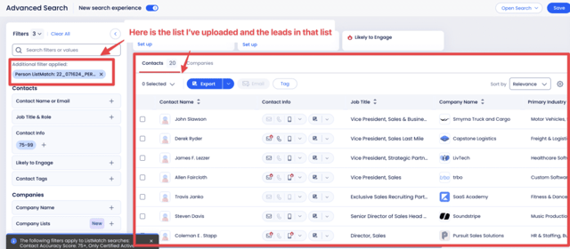 uploaded list overview on zoominfo