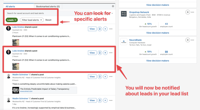 alerts on linkedin sales navigator homepage