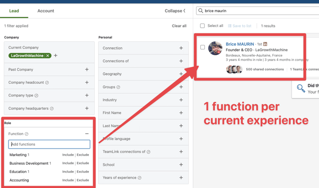 cómo funciona el filtro de función en sales navigator