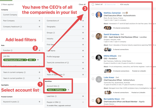 usar filtros de leads con lista de cuentas en sales navigator