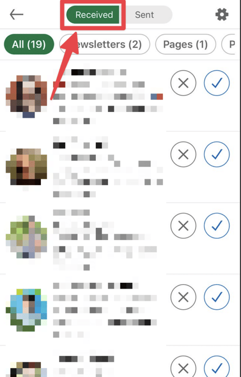 der tab „erhalten“ öffnet sich standardmäßig auf linkedin und zeigt personen, die dir einladungen gesendet haben