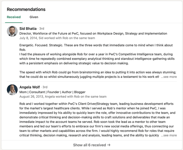 Exemple de recommandations LinkedIn