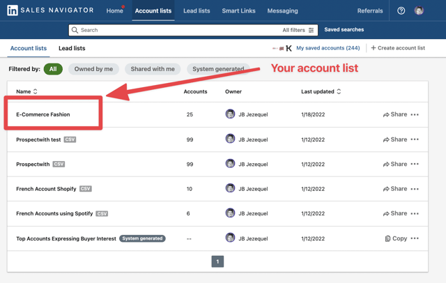 lista de cuentas de comercio electrónico guardada en sales navigator