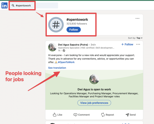 hashtag open to work en LinkedIn