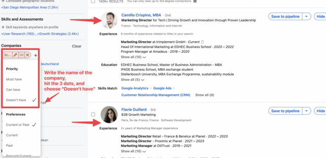 usar el filtro de exclusión en linkedin recruiter