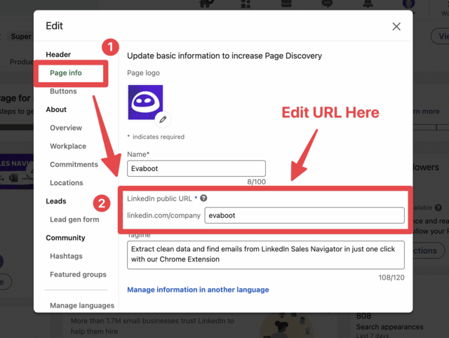 change linkedin company url step 3