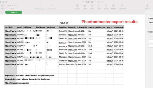 phantombuster linkedin company page followers export results