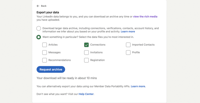 choose the linkedin profile data you want to export