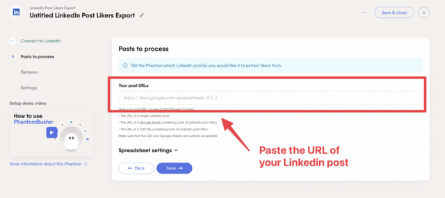 coller l'URL de la publication LinkedIn dans l'outil de scraping