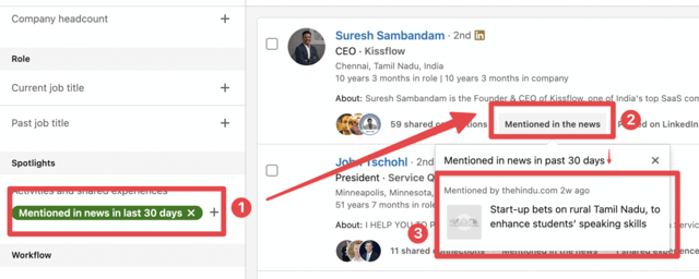 mentionned news sales navigator search filters