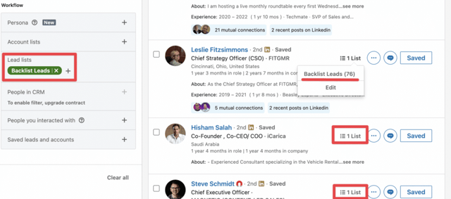 lead list filter for using saved account lists
