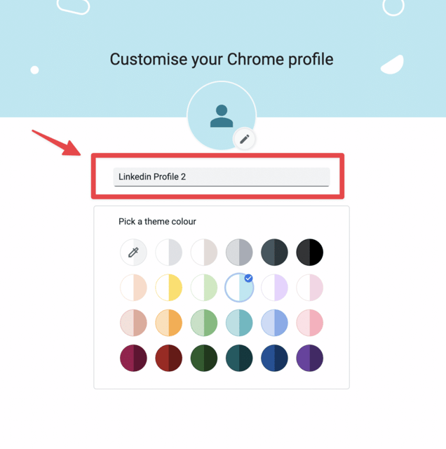 Chrome session setup for LinkedIn profile - profile creation dialog showing name selection