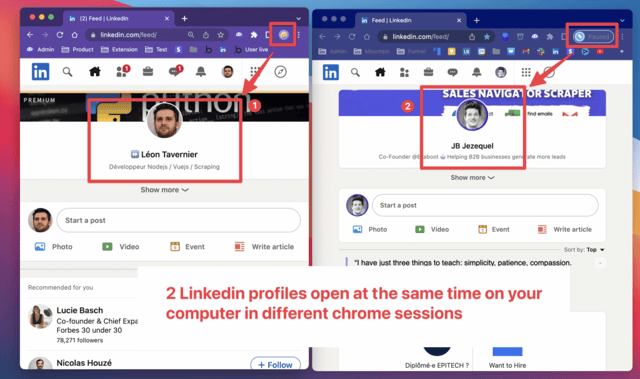 Manage 2 LinkedIn accounts with Chrome sessions - two browser windows showing different LinkedIn profiles logged in simultaneously