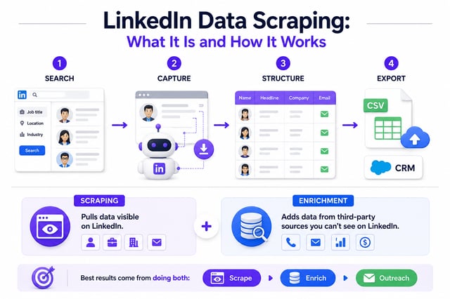 The four stages of LinkedIn data scraping — search, capture, structure, export to CSV or CRM — with scraping pulling what is visible on LinkedIn and enrichment adding phone, email and firmographics from third-party sources