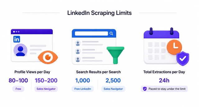 LinkedIn scraping limits: roughly 80-100 profile views a day on a free account against 150-200 on Sales Navigator, 1,000 search results per search on free LinkedIn against 2,500 on Sales Navigator, with extractions paced across 24 hours