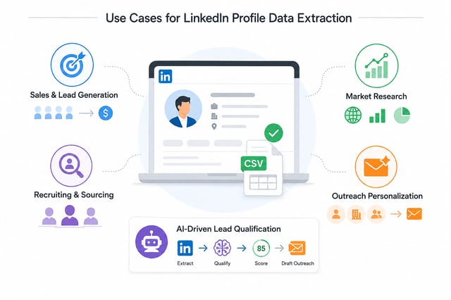 Use cases for LinkedIn profile data extraction: sales and lead generation, recruiting and sourcing, market research, outreach personalisation, and AI-driven lead qualification that extracts, qualifies, scores and drafts outreach