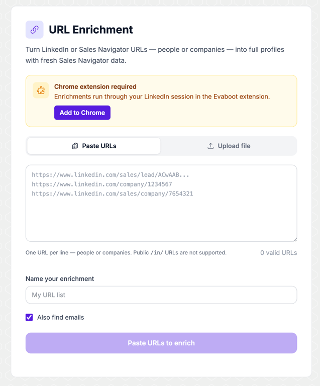 Evaboot's URL Enrichment tool, where you paste LinkedIn or Sales Navigator profile and company URLs, name the enrichment and optionally find emails; it runs through your LinkedIn session in the Chrome extension