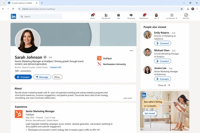 LinkedIn profile page showing the data fields available for extraction: name, headline, current position, company, location, profile URL, About section, and experience entries