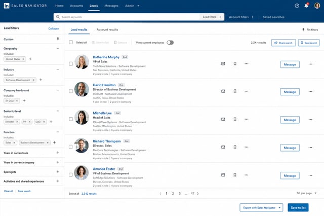 Sales Navigator search results page showing the lead list view with filters applied and the list of profiles ready for export