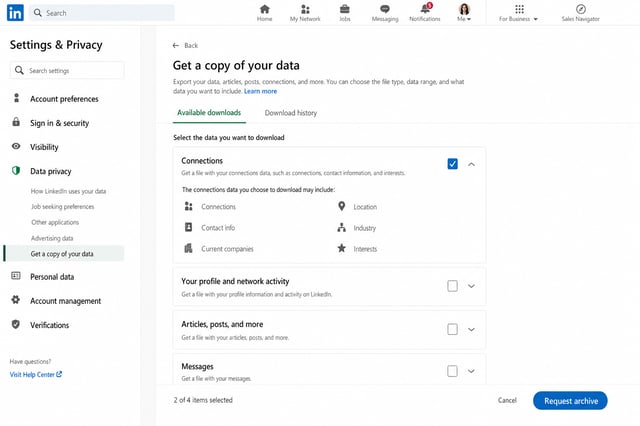 LinkedIn Settings and Privacy page showing the 'Get a copy of your data' section with download options for connections data