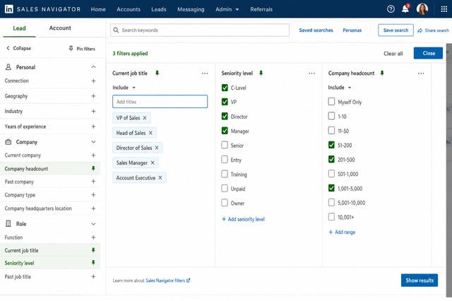 LinkedIn Sales Navigator search filters panel showing job title filters, seniority level options, and company size filters