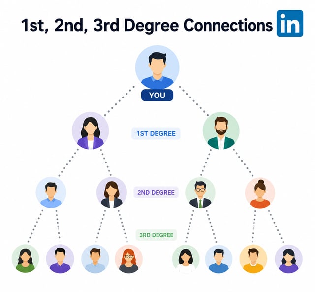 How LinkedIn connection degrees work: your 1st-degree connections link you to their 2nd-degree connections, which in turn reach 3rd-degree profiles