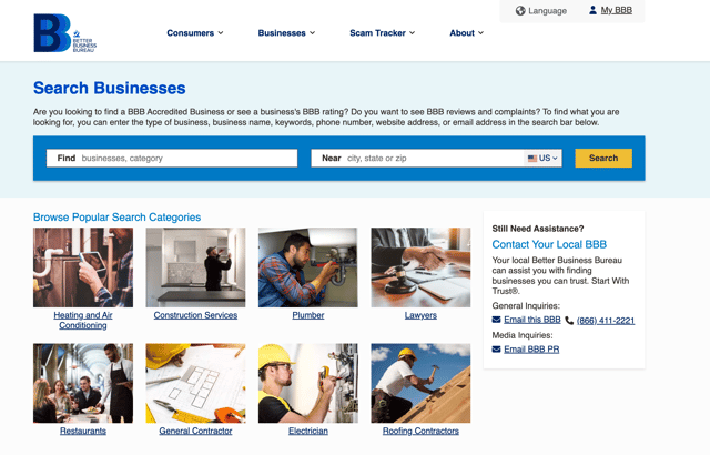 The Better Business Bureau business search page, where you can look up a company by name, category or location to confirm its details and rating