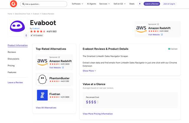 Evaboot's G2 listing, rated 4.6 out of 5 from 82 reviews and described as a LinkedIn Sales Navigator scraper, alongside top-rated alternatives including PhantomBuster