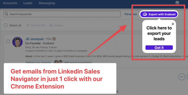 Sales Navigator lead list with Evaboot Chrome extension export popup and email extraction call-to-action.